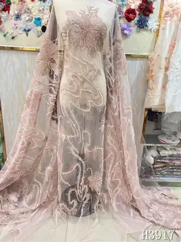 

Pink Nigeria lace fabric 2020 high quality African Handmade Beaded Tulle fabric Embroidery French Net lace for Wedding HJ3917