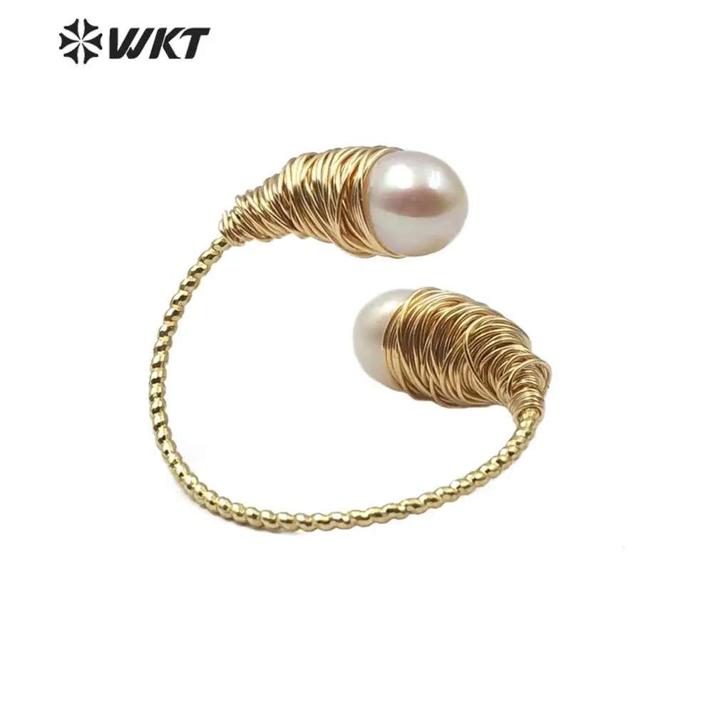 WT-R342 WKT! Кольцо с натуральным жемчугом Золотой гальванизированный провод в оболочке кольцо с двумя жемчужинами Регулируемый Для женщин Ювелирное кольцо с жемчугом