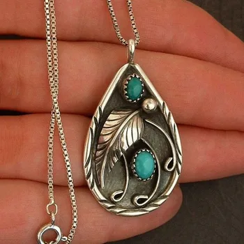 

Vintage Leaf Turquoises Stone Pendant Necklace Bohemia Jewelry Statement Water Drop Metal Pendant Women's Necklace Z3T606