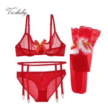 

Varsbaby sexy 3/4 cup big red see-through bra and panty set 4pcs bras+panties+garters+stockings for women