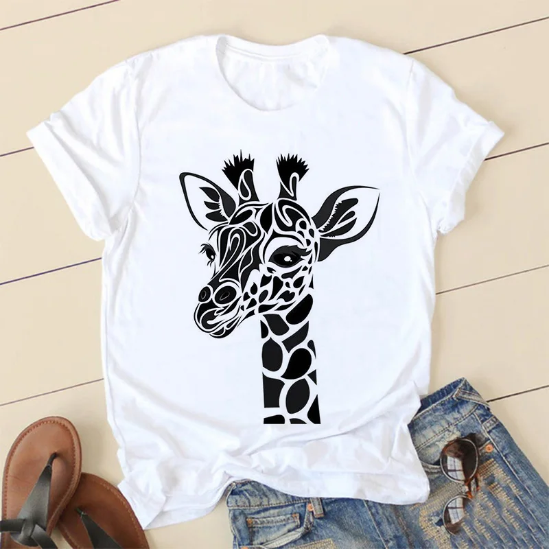 Giraffe Print Pink Woman Tshirts Women's Summer Harajuku Fun Cute Animal Pattern T Shirt Women Tops Casual Short Sleeve T-shirt