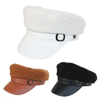 

THINKTHENDO Womens French Newsboy Painter Beret Hat Plush Patchwork Faux Leather Visor Cap