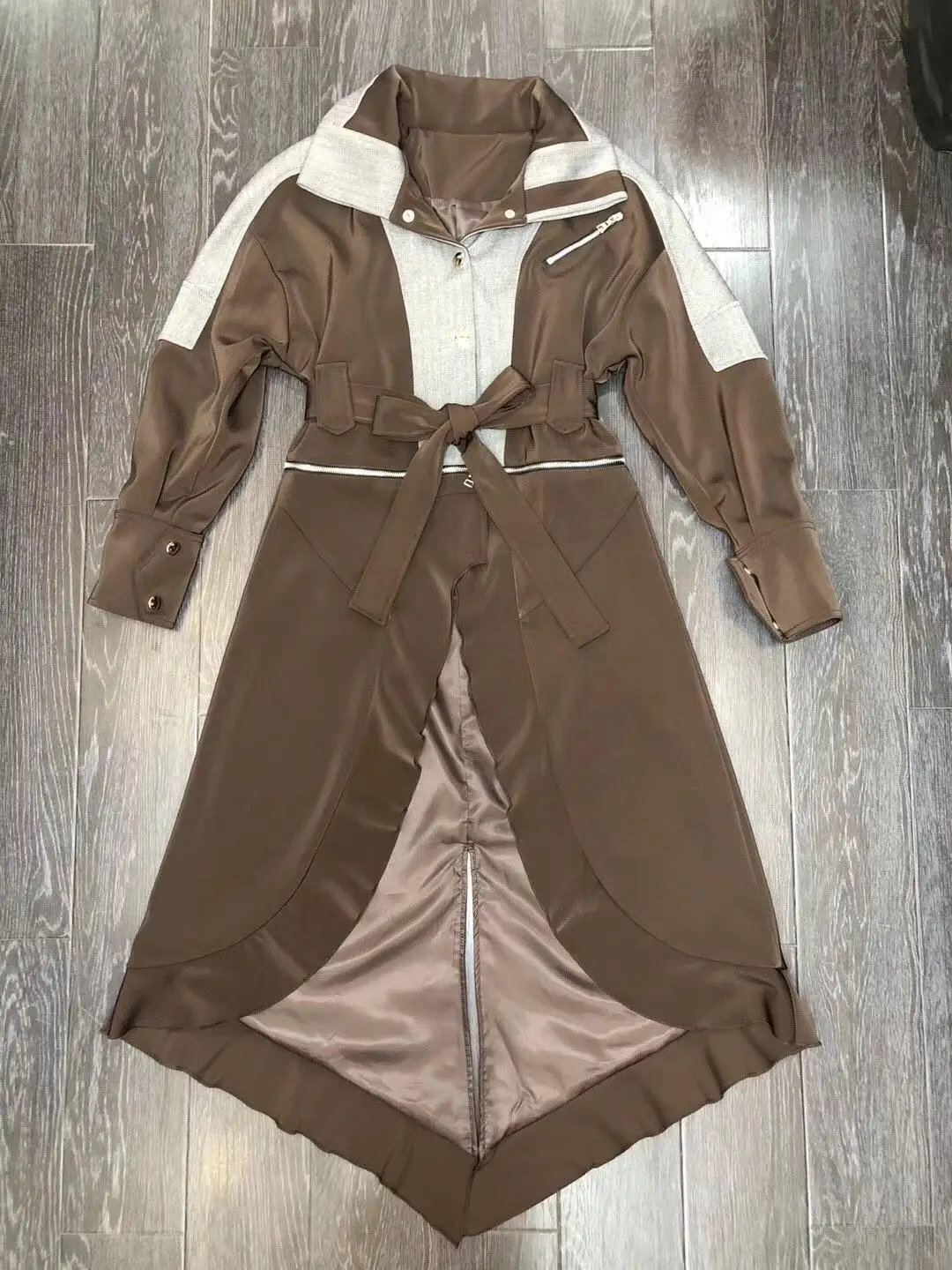 

2019 new ladies high quality fashion long-sleeved lapel tie color matching windbreaker jacket 0820