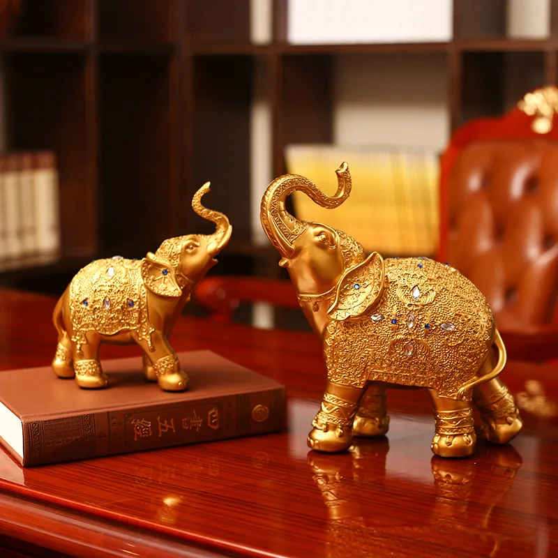 

Furnishing Creative Resin Crafts Two Gold Elephant Model Design Living Room Home Decortaion Gift 27x14x29cm