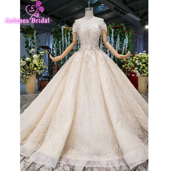 شراءرائع يزين الدانتيل الكرة ثوب الزفاف 2019 الفاخرة الخرز سكوب الرقبة الخرز الكامل تنورة الزهور الأميرة زي العرائس