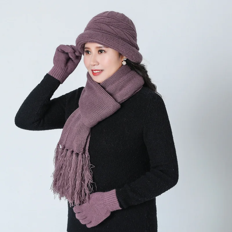 Middle-aged Lady Hat Autumn Warm Wool Mixed Warm Hat Woolen Cap Middle Age Mother Grandmother Knitted Hat scarf gloves Hat
