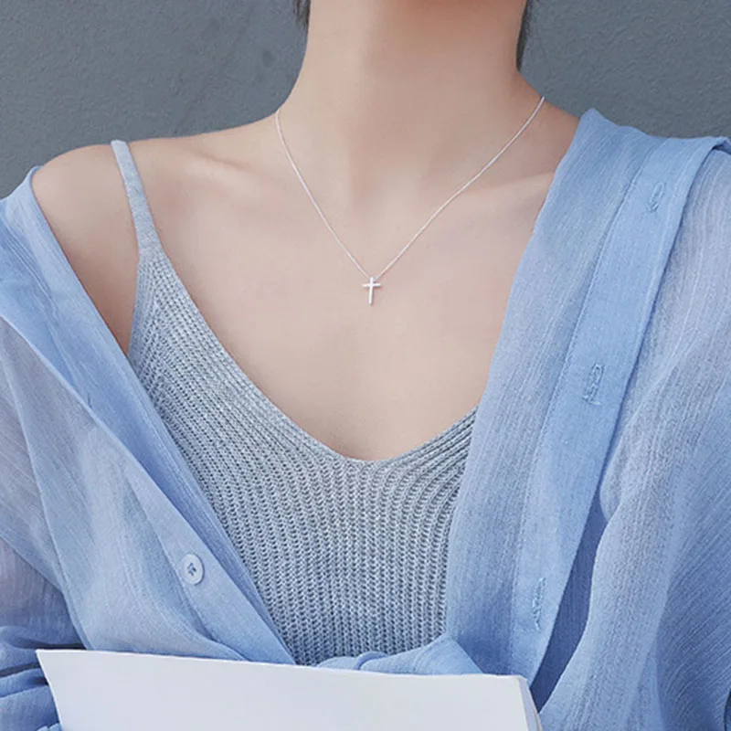 New 925 Sterling Silver Necklace Smooth Shiny Cross Choker Simple Pendant Clavicle Chain Gift For Girl Exquisite Jewelry SKN005 - Image 3