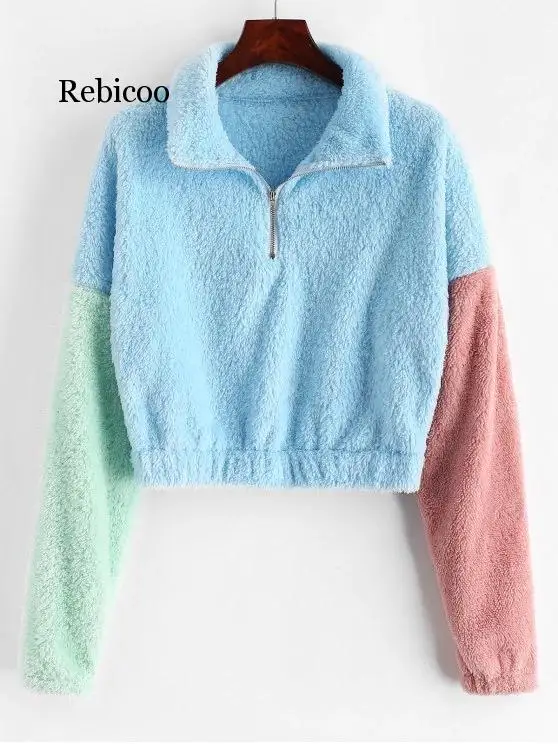 

Multicolor Casual Colorblock O-Ring Zip Half Placket Colorblock Sweatshirt Autumn Minimalist Fashion Women Sweatshirts