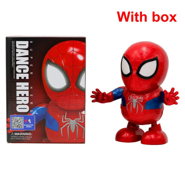 Дизайн в стиле Мстителей Super hero Человек-паук танец фигуркы игрушки с Led светильник музыка робот hero электронный Железный человек детские игрушки - Цвет: Spiderman with box