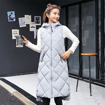 

Autumn Winter Fashion Vest Women Medium Long Thick Thin Down Cotton Waistcoat Large Size Hooded Sleeveless Jacket Female JIU078