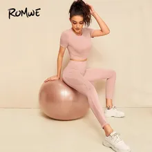 Romwe спортивные розовые облегающие футболки и сетчатые вставки, комплект для йоги, одноцветные беговые костюмы для женщин, Осенний укороченный топ, обтягивающие комплекты для бега