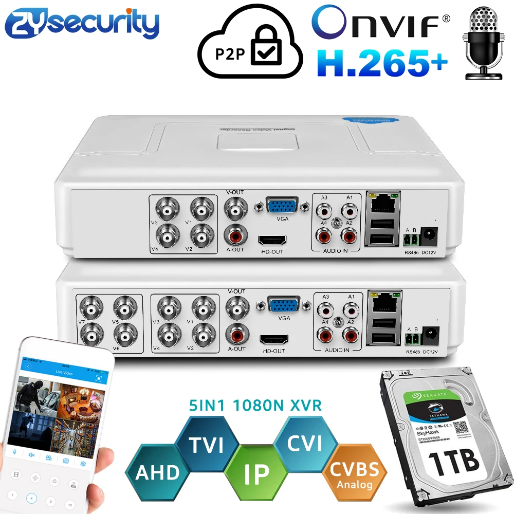 H.264 Onvif 4 канальный 8Ch CCTV гибридный видеорегистратор 1080N 5 в 1 рекордер для AHD камеры