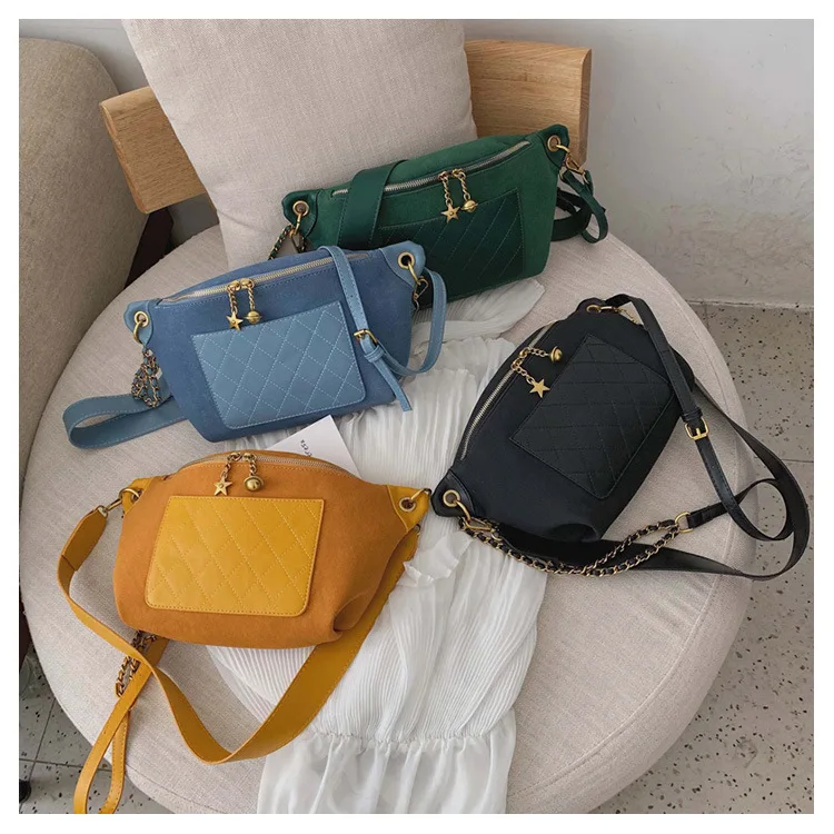 

Women Waist Pack Chest Bag Shoulder Crossbody Casual Frosted Chain Diamond Lattice Leather Wide Shoulder Strap Designer Brand Pu