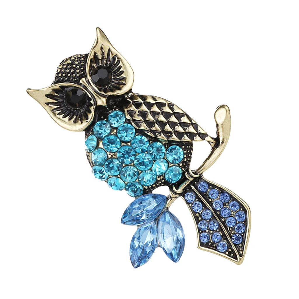 Blue Rhinestone Horned Owl Bird Brooch Pin Wedding Party Jewelry Brooch