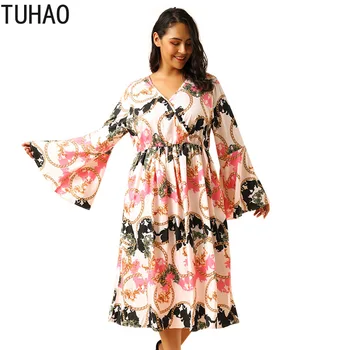 

TUHAO 2020 Spring Elegant Woman Vintage Print Long Dress Ruffle Shoulder Long Sleeve High Waist Plus Size 4XL 3XL Dress Mom WM40