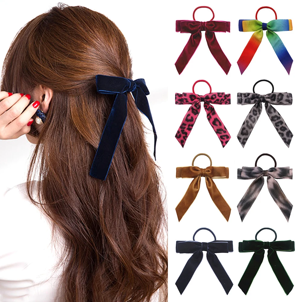 hair bows for women New Fashion Women Velvet Scrunchie Ribbon Bow Hair Rope for Girl Leopard Elastic Hair Band Ponytail Holder Headwear Accessories bride hair clip