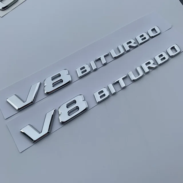 chrome V8 BITURBO 2p Длинные буквы R S Эмблема для Mercedes Benz AMG GTR C63S E63S GLC63S GLE63S Эмблема для стайлинга автомобилей Наклейка на багажник черный красный серебристый - Цвет: chrome V8 BITURBO 2p