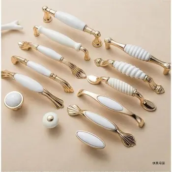 Gold White Creamic Gold Cabinet Handles Knobs Drawer Pulls Kitchen Door Handles Furniture Handle Cabinet Door Hardware