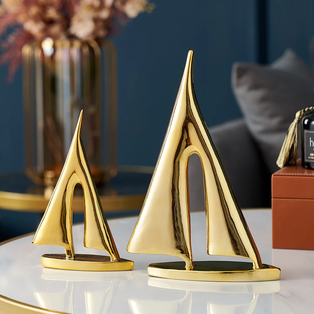 Golden Sailboat Statue Figurines Living Room Decoration for Tabletop Decor Resin Embellishments Home Accessories Gift | Дом и сад