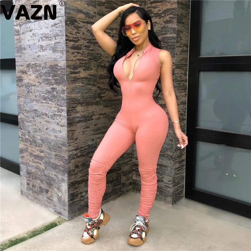 VAZN GYM18407 new party pink bandage night club age reduction lady jumpsuit sleeveless long pant jumpsuits sexy wind rompers