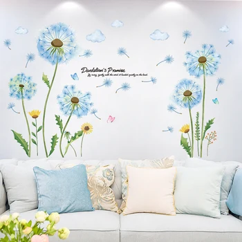 

[shijuekongjian] Blue Color Dandelions Wall Stickers DIY Flowers Wall Decals for Living Room Bedroom Kitchen Home Decoration