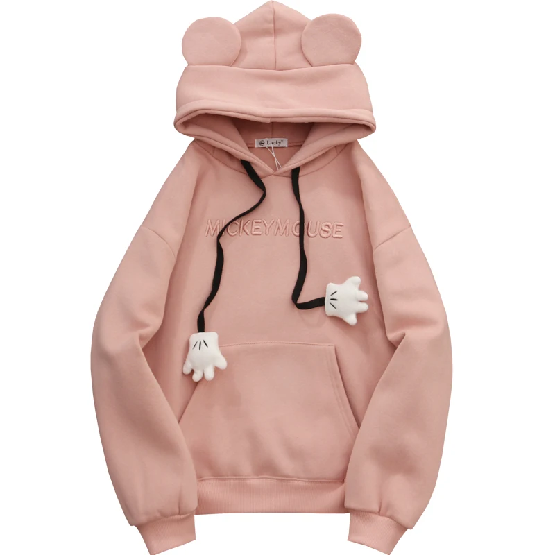 Kawaii/толстовки с вышитыми буквами Микки Мауса для девочек с ушками на капюшоне; Сезон Зима; Harajuku; бархатные теплые милые толстовки с капюшоном на завязках для девочек