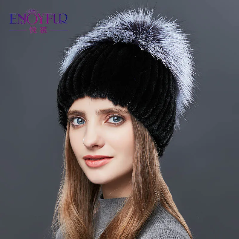 ENJOYFUR настоящие норковые меховые шапки для зимы женские меховые шапки с лисьим мехом Толстая теплая норковая шапка для женщин высококачественные меховые шапки - Color: 01Y