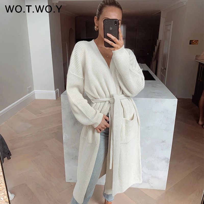 Вязаный длинный кардиган WOTWOY повседневный базовый женский свитер с длинным
