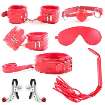 7Pcs/Set Erotic Toys BDSM Sex Bondage Set Handcuffs Ankle Cuff Nipple Clamps Gag Whip Rope Adult Games Sex Toys For Woman Couple 4