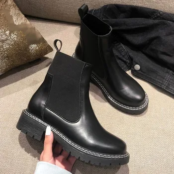 

Fashion Leather Chelsea Boots Women 2020 Autumn Winter Ankle Boots for Women Chunky Heels Booties Woman Square Toe Shoes Woman