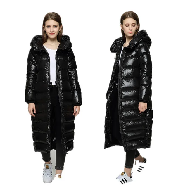 Winter New Style Cocoon Long over-the-Knee down Jacket Female Black Bright Surface Thick Loose White Duck down Warm Coat Fashion