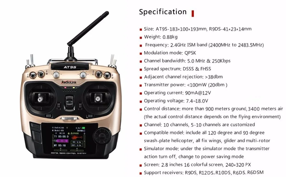 Radiolink AT9S Transmitter - Radio Remote Control System DSSS FHSS 2.4G 10CH Transmitter with R9DS Receiver for RC Helicopter FPV Drone Remote Controller 16 Radiolink AT9S Transmitter, DAEL N7oo swash-plate helicopter, all fix wings, glide