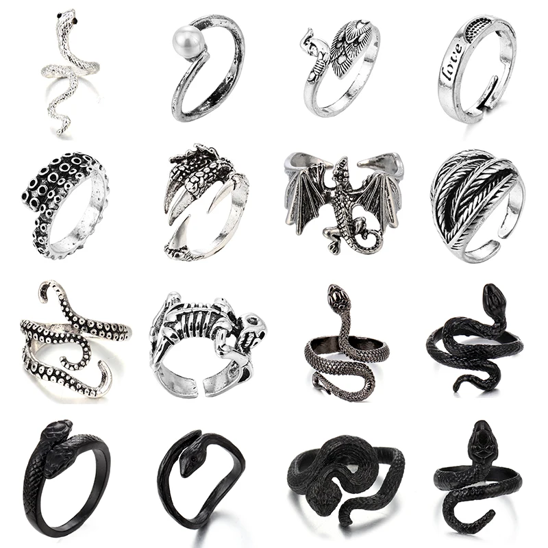 Anillos De Serpiente de Metal para mujer y hombre, anillo de dedo de diseño ajustable Punk abierto, Color negro y plateado, para regalo de joyas de fiesta