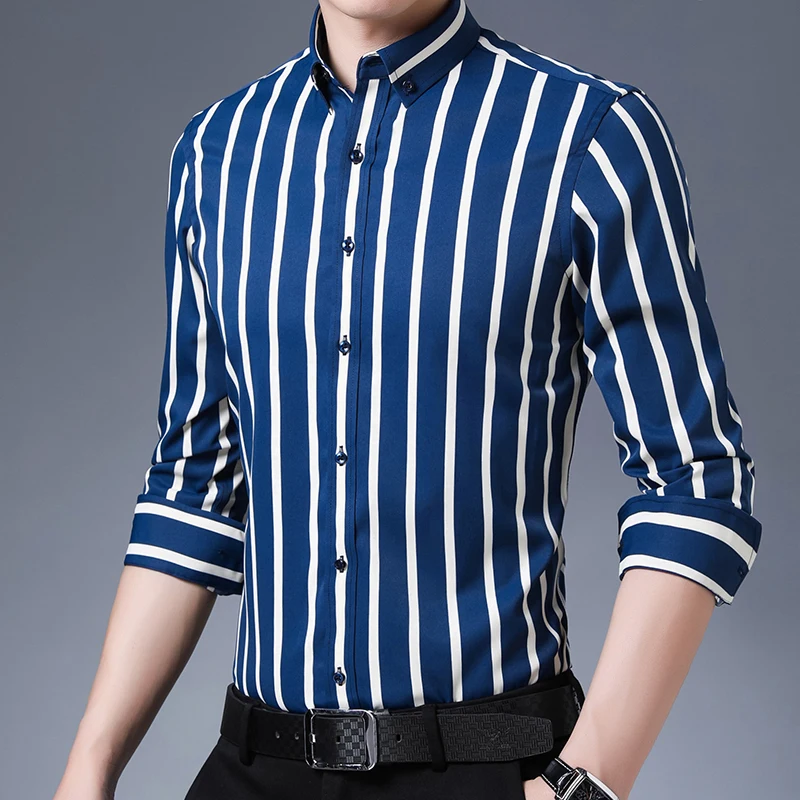 

Four seasons suitable for work casual striped button collar men's long-sleeved shirt