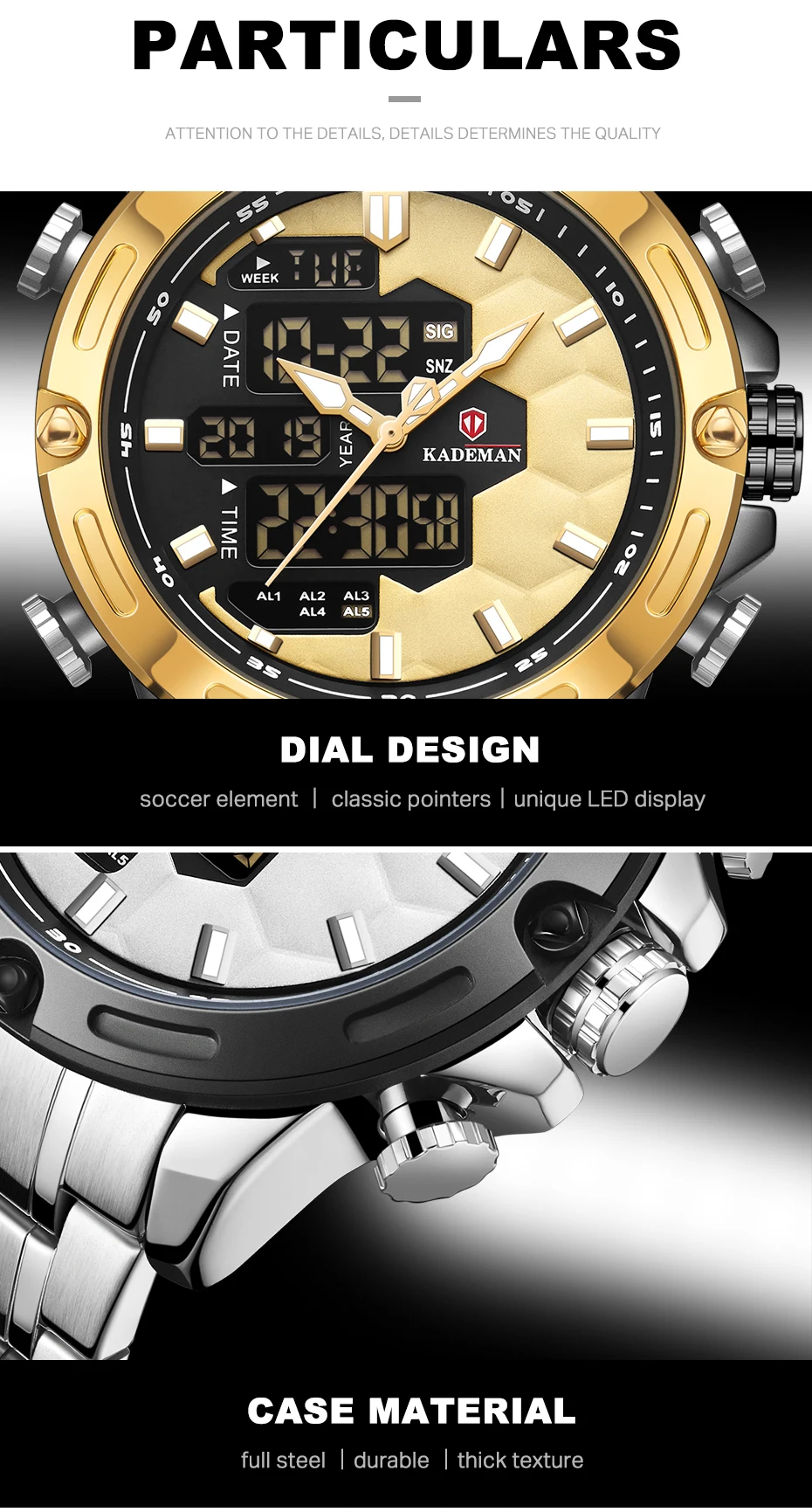 Новинка, Брендовые мужские спортивные часы Kademan, полностью стальной ремешок, светодиодный, двойной дисплей, уникальный дизайн, модные