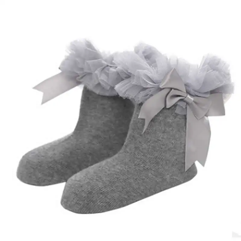 gray big lace Детские короткие носки, количество кружева, бант, органза, кружева, носки принцессы для девочек, модные детские гольфы с большим бантом, кружевные носки принцессы - Цвет: gray big lace