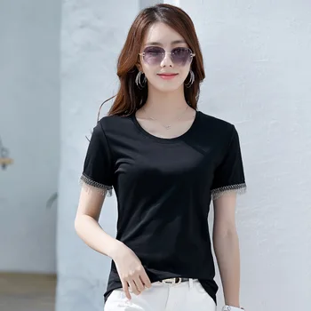 

2020 WOMEN New summer T-shirt 80 pieces of mercerized cotton rib V-neck solid color T-shirt embroidered Korean women's dress