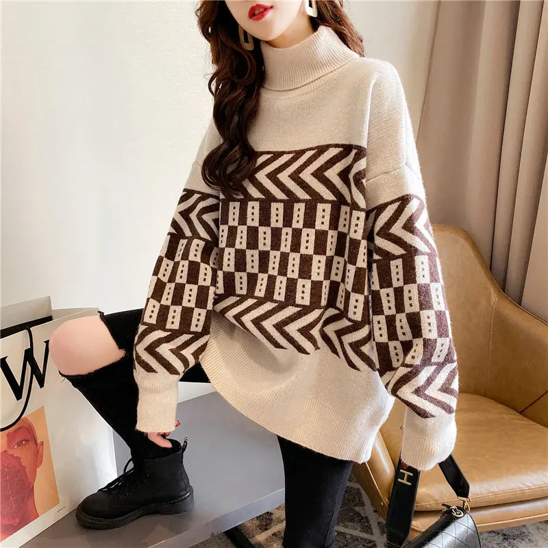 

Fashion 2020 Autumn Winter Women Turtleneck Sweater Geomrtric Pattern Retro Warm Pullovers Sweater Long Sleeve Loose Jumper