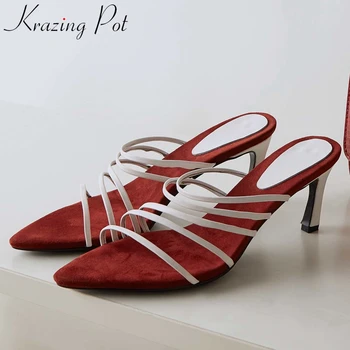 

Krazing pot superstar hot genuine leather pointed peep toe high heels slip on mules young lady party non-slip sandals women L01