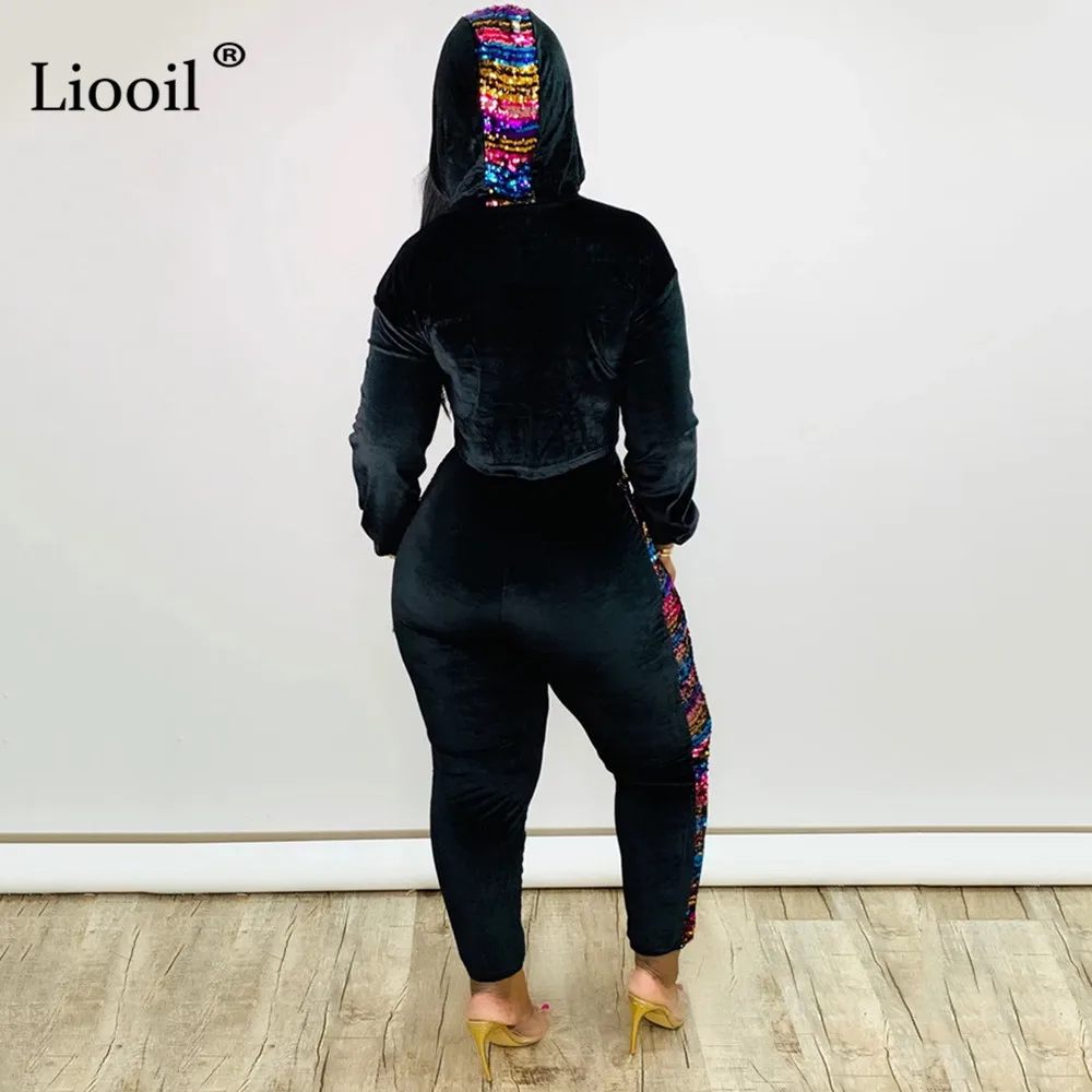 Liooil Бархатный комплект из 2 предметов с блестками, женская одежда, осень, короткий топ с капюшоном и длинными рукавами и брюки-карандаш с карманами, подходящие комплекты
