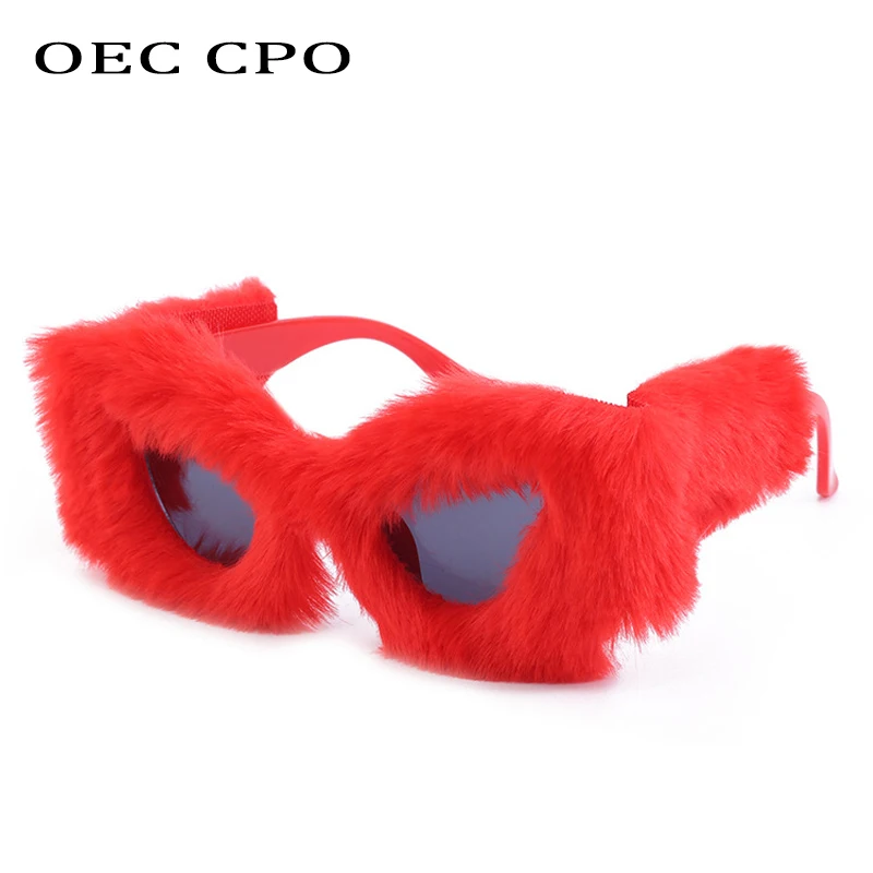 OEC CPO Ladies Soft Fur Velvet Cat Eye Sunglasses Women Fashion Colorful Handmade Sun Glasses Female Trendy Shades UV400 Eyewear
