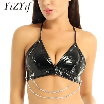 

Women Bra top Lingerie Wet Look Patent Leather Haltered Neck Deep V-front Backless Triangle Bra Top with Metal O-rings Chains