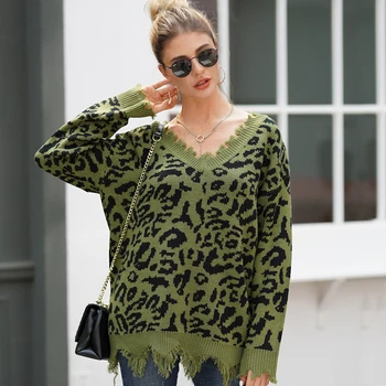 

Siskakia Women's Sweaters Fashion Leopard Knitted Pullovers Tops V Neck Long Sleeve Asymmetry fringe Cut Fall Wears 2019 Female