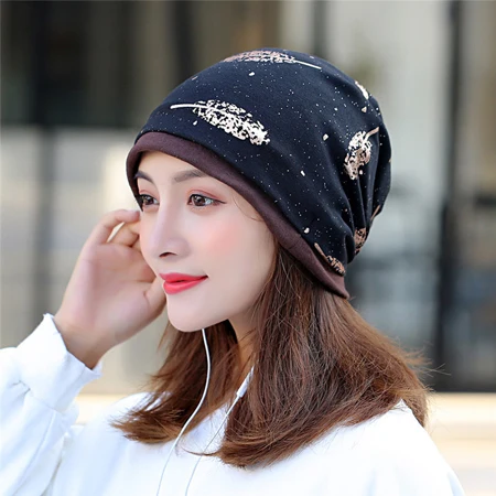 [DINGDNSHOW] Beanies Hat Skullies хлопковая Теплая Зимняя кепка Женская печатная шляпка с цветком шапка трикотажная шапка женская - Цвет: black