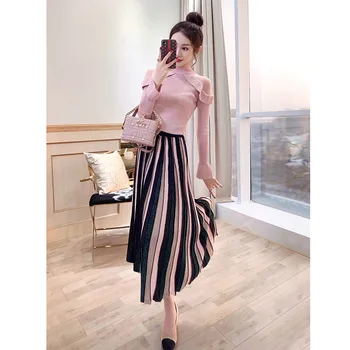 

Women's sweater set new autumn women's solid color long-sleeved shirt with pleated skirt long skirt knit sweater set two-piece