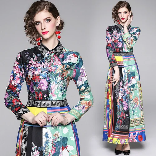 Подиумной моды Цветочный принт осень высококачественные Макси платье Для женщин отложной воротник длинное, свободное платье-рубашка - Цвет: Многоцветный