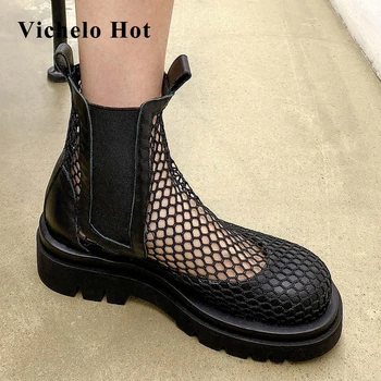 

Vichelo Hot new arrival hot preppy style air mesh breathable waterproof round toe med square heels elastic band ankle boots L60