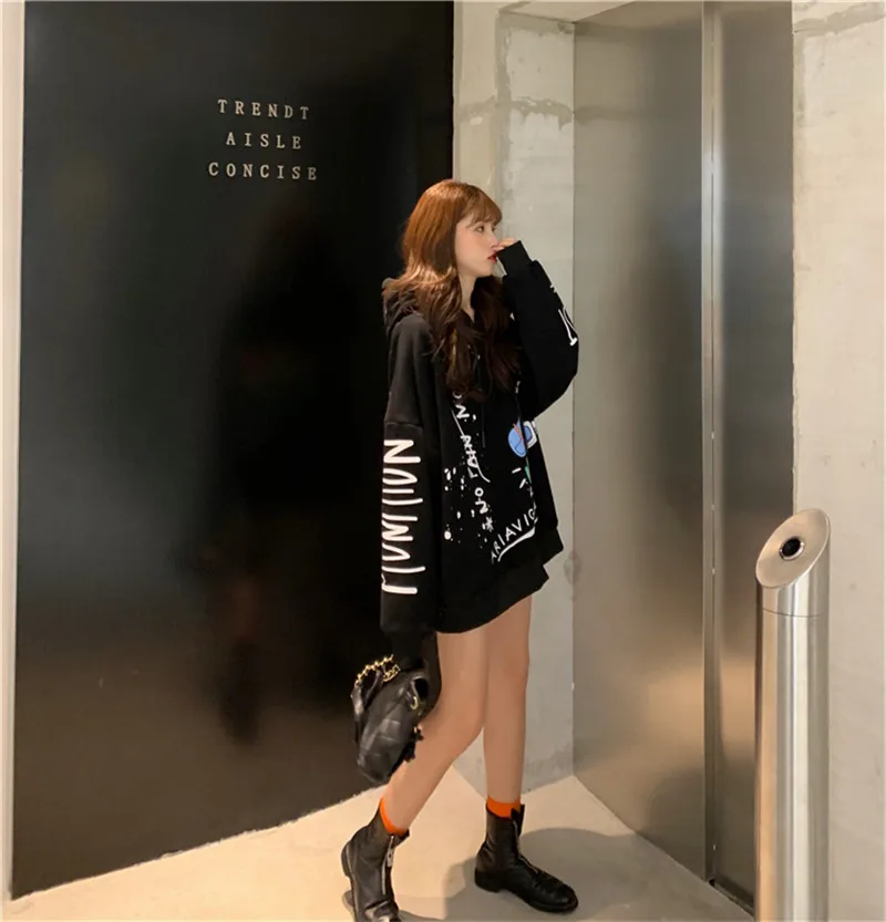 sudaderas blancas sueltas de manga larga de otouno con estampado de dibujos animados Harajuku con capucha ropa de calle Kwai