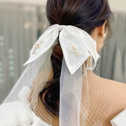 Beautiful White Bow satin hair clips Mesh Crystal Embedded Hairclip Wedding Hair Accessories