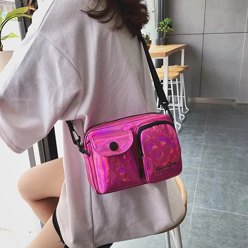 

Hong Kong Style INS Cool Laser Bag Women's Wide Shoulder with Net Red Small Black Bag Gogo Disco Dancing Bag Students Shoulder B